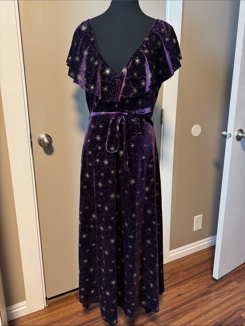 Cider Deep Purple Velvet Maxi Dress with Gold Star Motif